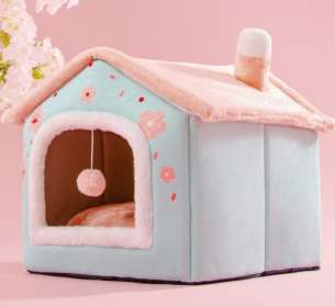 Foldable Dog House Pet Cat Bed Winter Dog Villa Sleep Kennel Removable Nest Warm Enclosed Cave Sofa Pets Supplies (Option: Romantic cherry blossom-Medium)